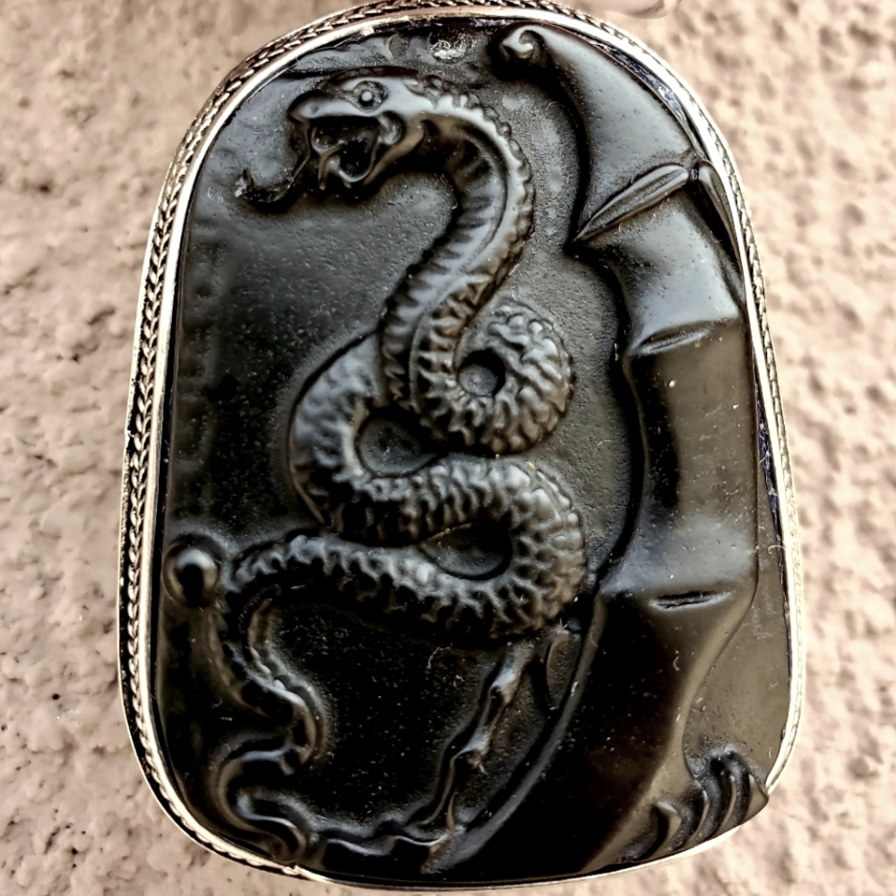 New Carved Black Obsidian Snake Unisex Pendant.